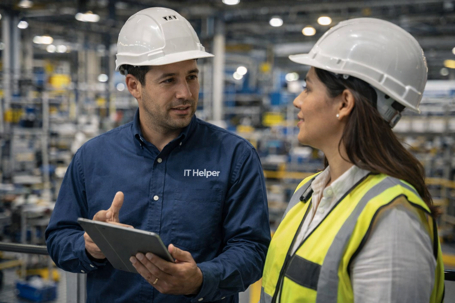 Ingeniero IT Helper junto a clienta en sector industrial