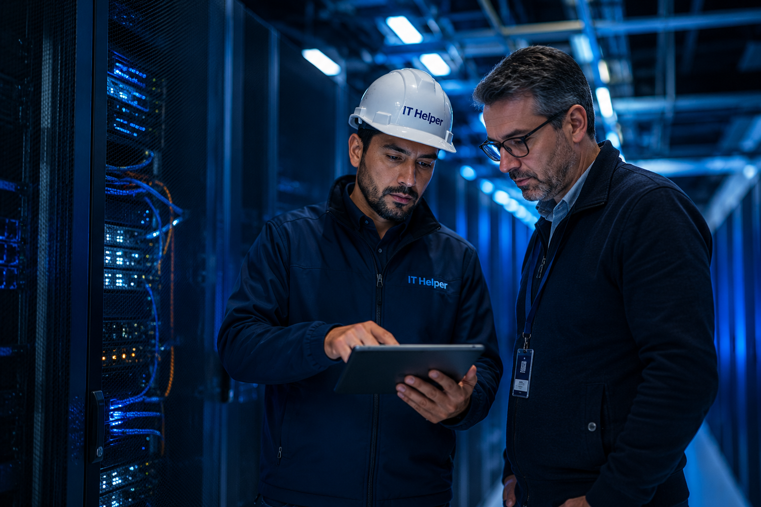 Equipo técnico de IT Helper revisando infraestructura TI empresarial